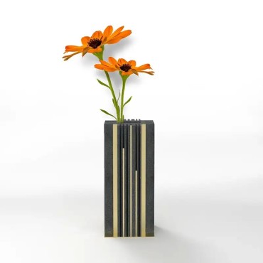 Vaso Monofiore "Rigato" in Pietra Lavica con inserti in Ottone 2